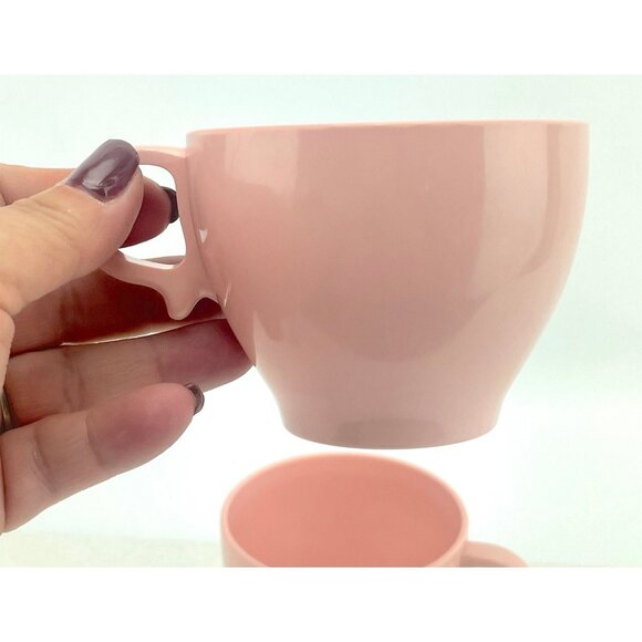 Vintage 1950s pink Melmac tea cups,  Melamine ware pink mugs, pair - Picture 1 of 9